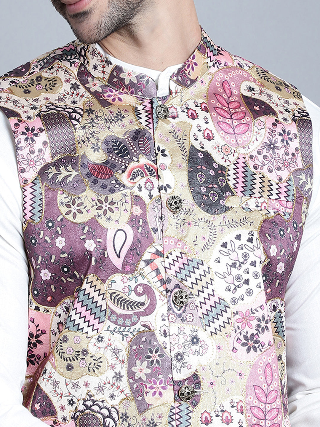 Jompers Men's Printed With Zari Work Nehru Jacket - Purple