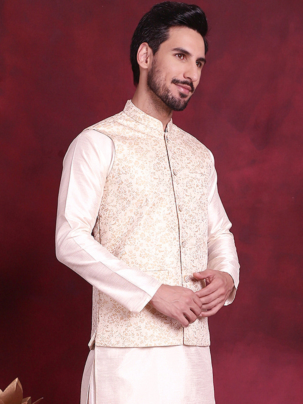 Jompers Men's Woven Design Nehru Jacket - Cream
