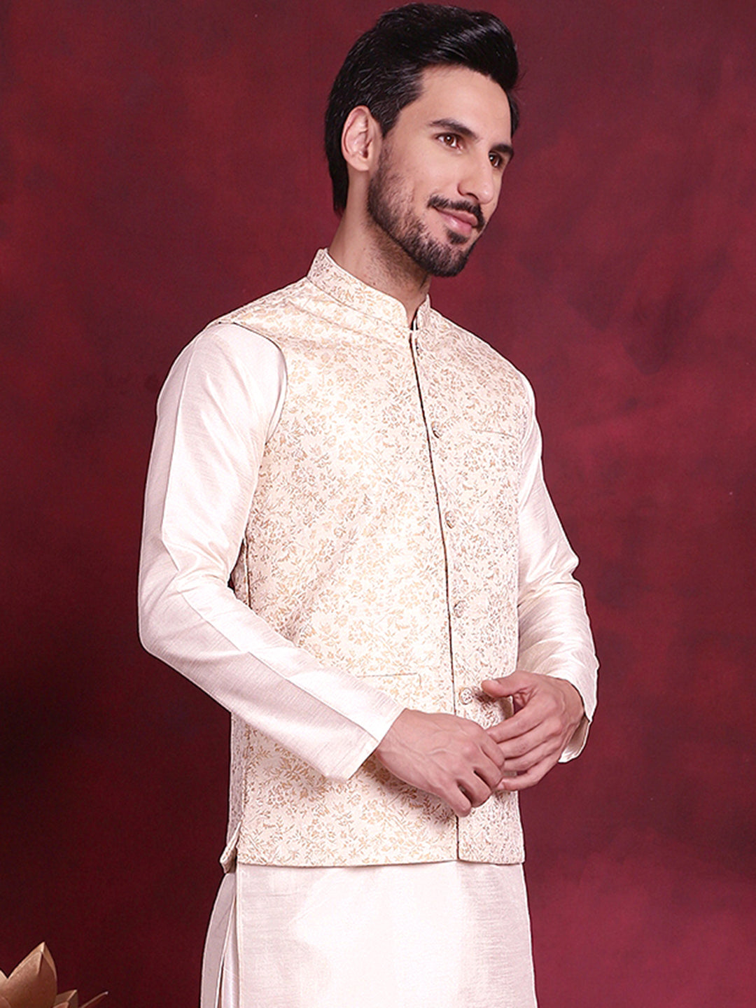 Jompers Men's Woven Design Nehru Jacket - Cream