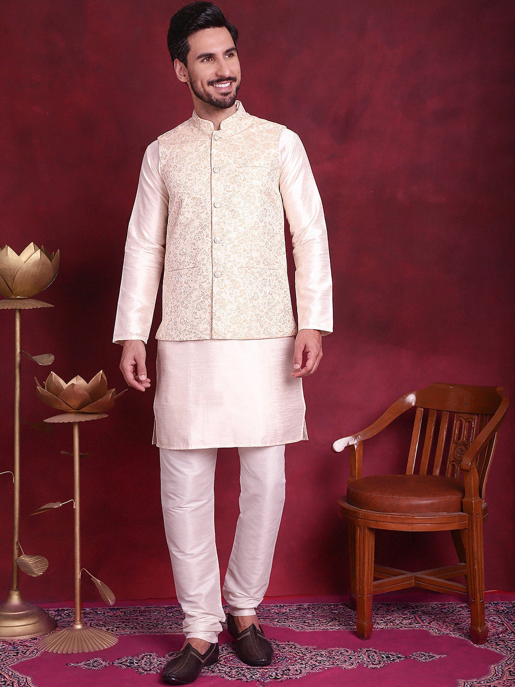 Jompers Men's Woven Design Nehru Jacket - Cream