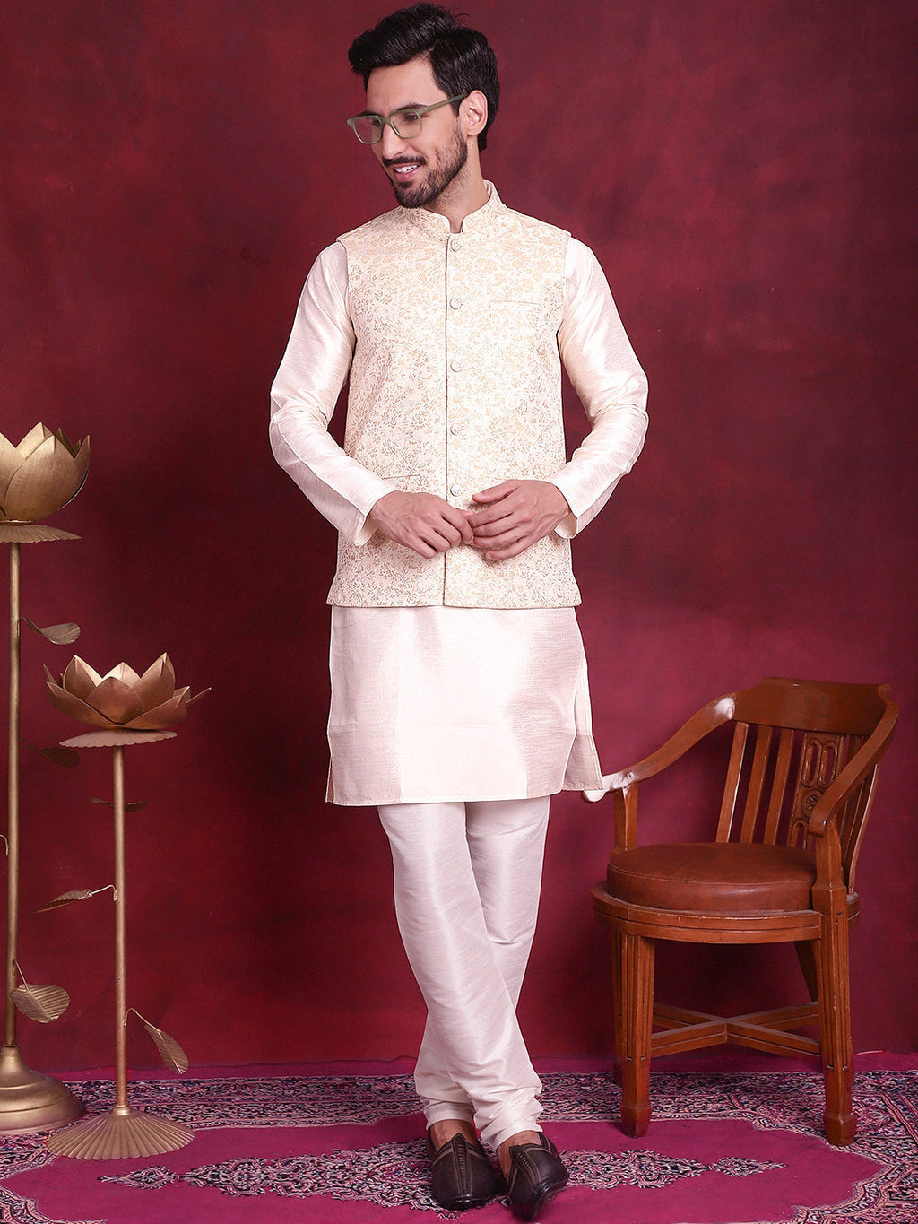 Jompers Men's Woven Design Nehru Jacket - Cream