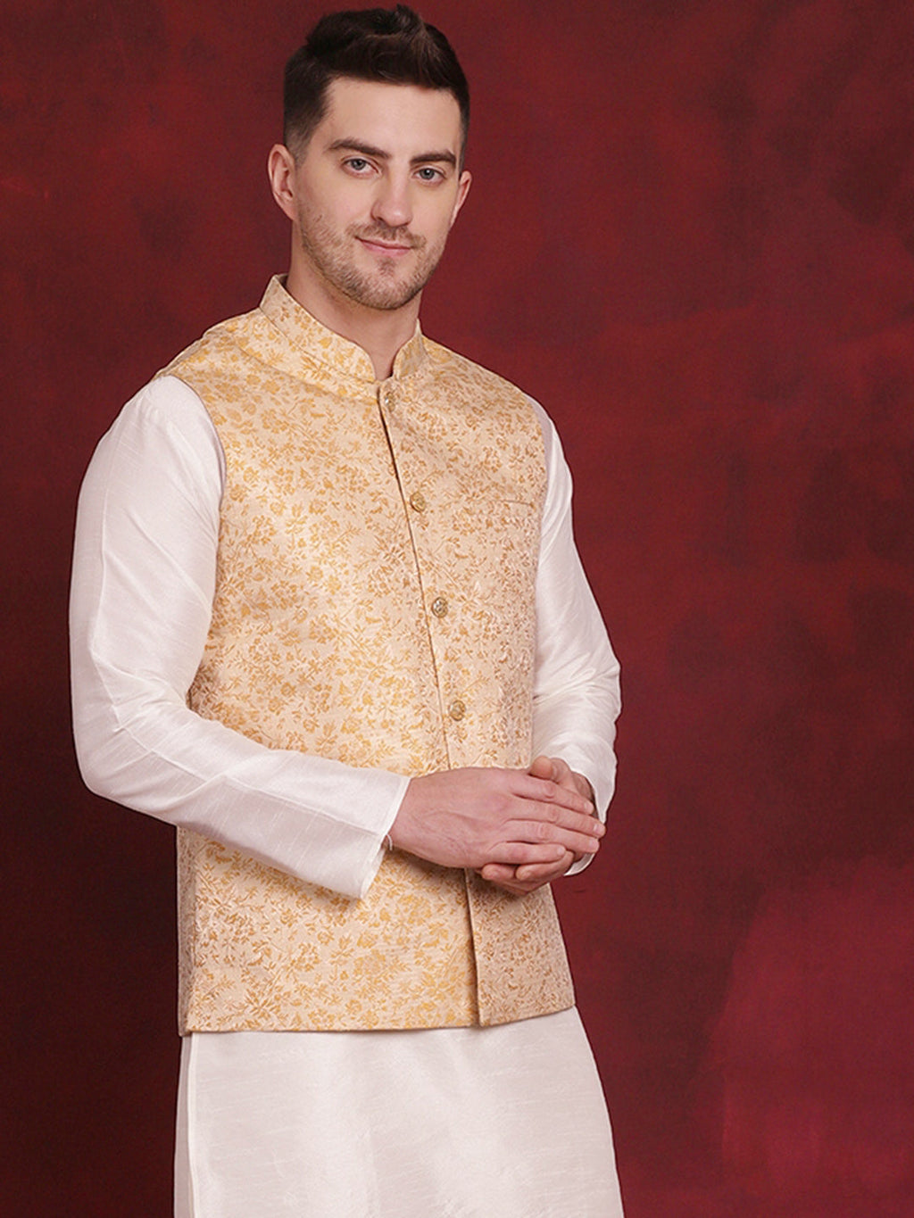 Jompers Men's Golden Woven Design Nehru Jacket - Golden