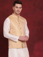 Jompers Men's Golden Woven Design Nehru Jacket - Golden