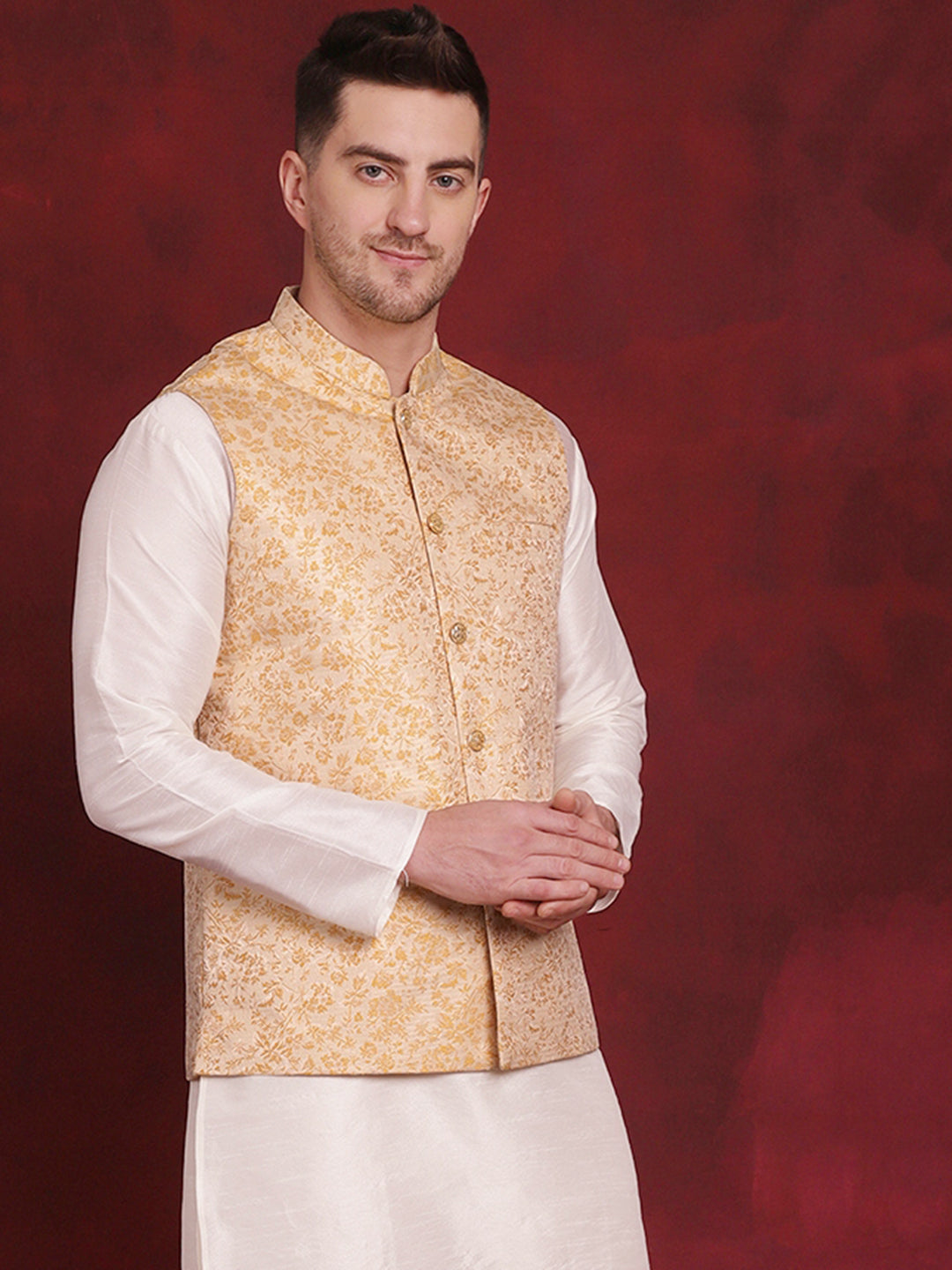 Jompers Men's Golden Woven Design Nehru Jacket - Golden
