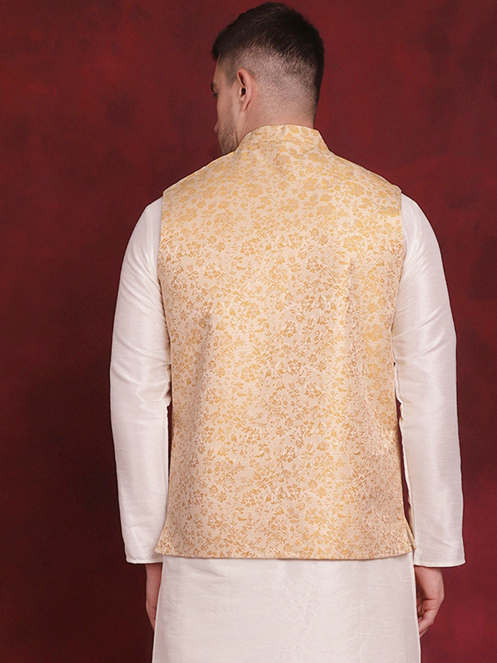 Jompers Men's Golden Woven Design Nehru Jacket - Golden