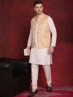 Jompers Men's Golden Woven Design Nehru Jacket - Golden