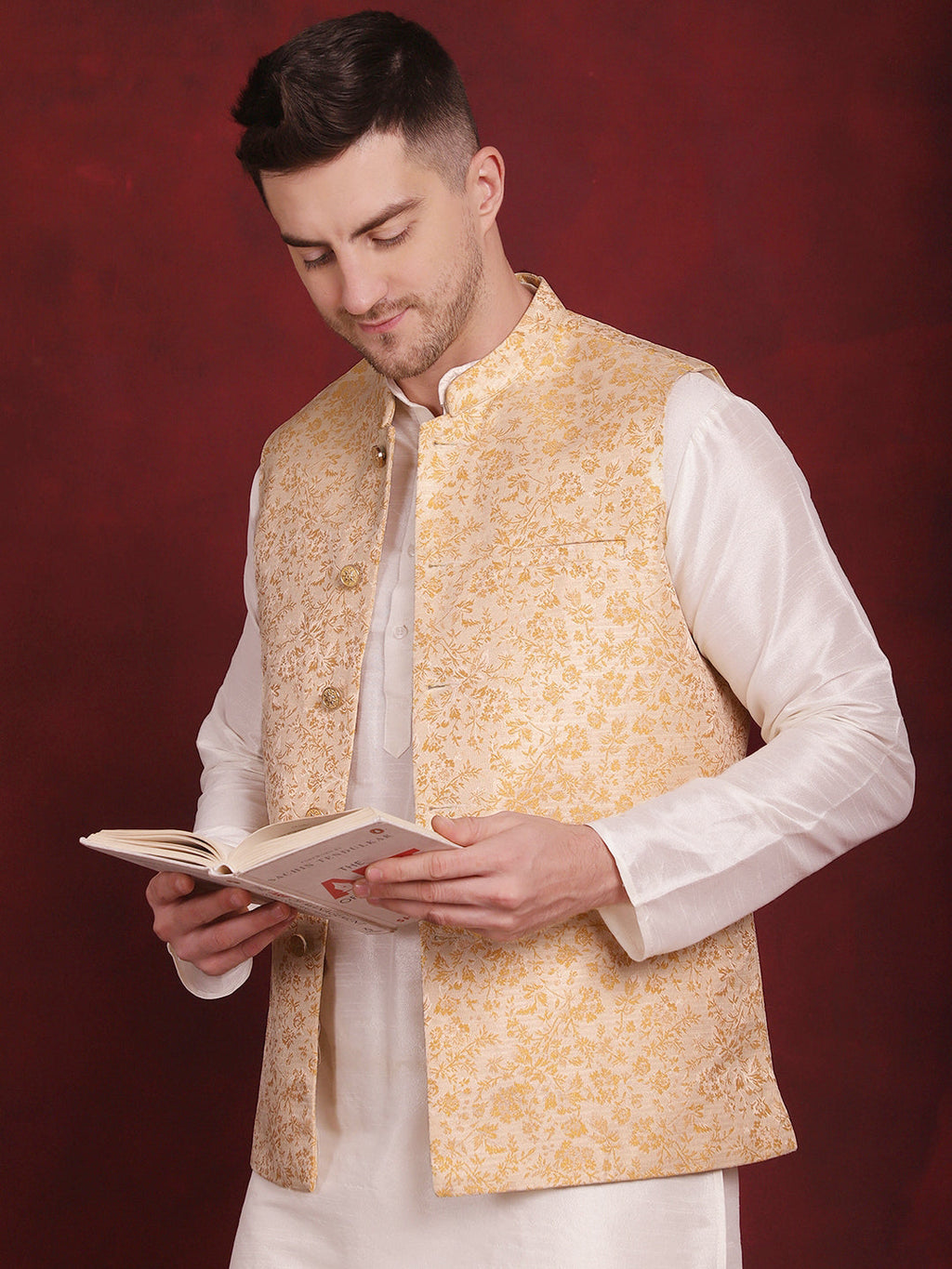Jompers Men's Golden Woven Design Nehru Jacket - Golden