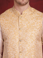 Jompers Men's Golden Woven Design Nehru Jacket - Golden