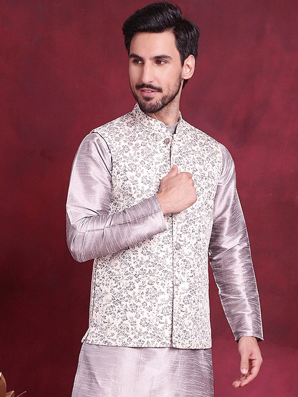 Jompers Men's Woven Design Nehru Jacket - Grey