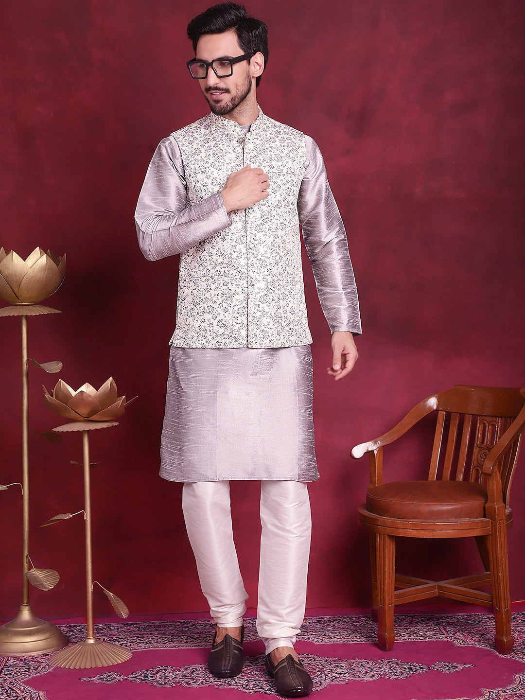 Jompers Men's Woven Design Nehru Jacket - Grey