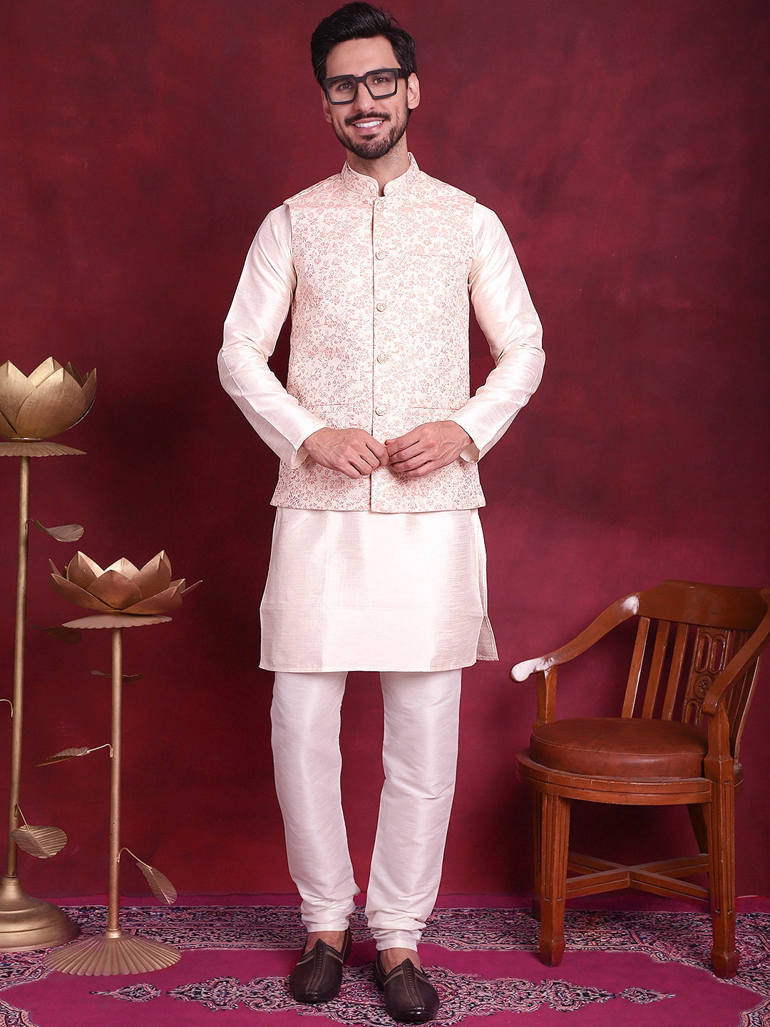Jompers Men's Woven Design Nehru Jacket - Pink