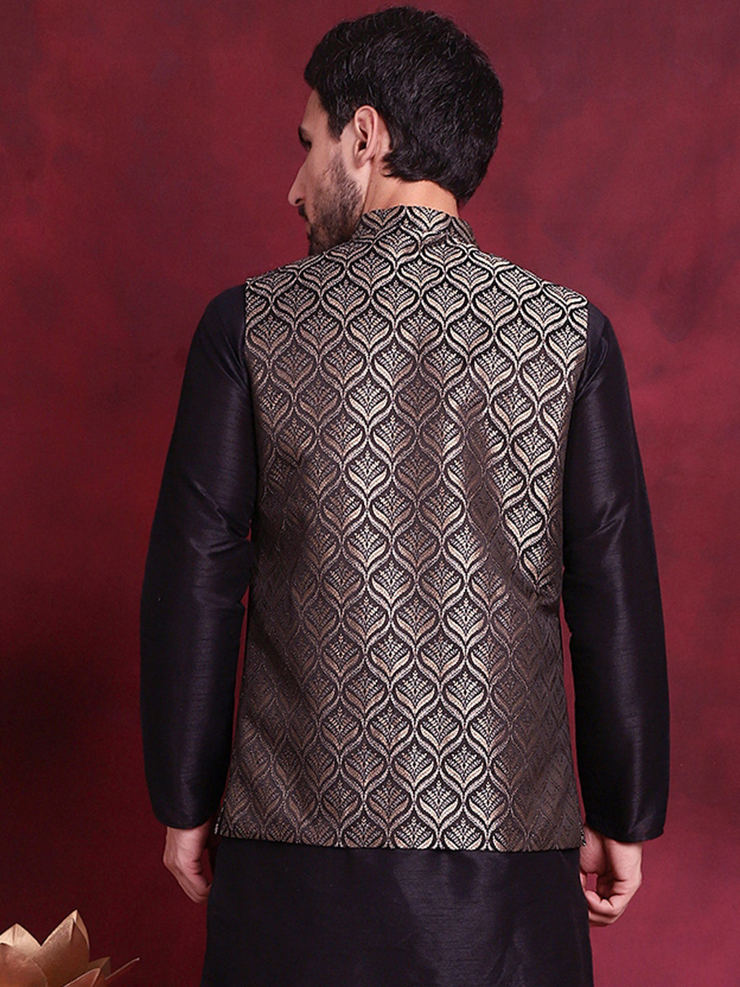 Jompers Men's Woven Design Nehru Jacket - Golden