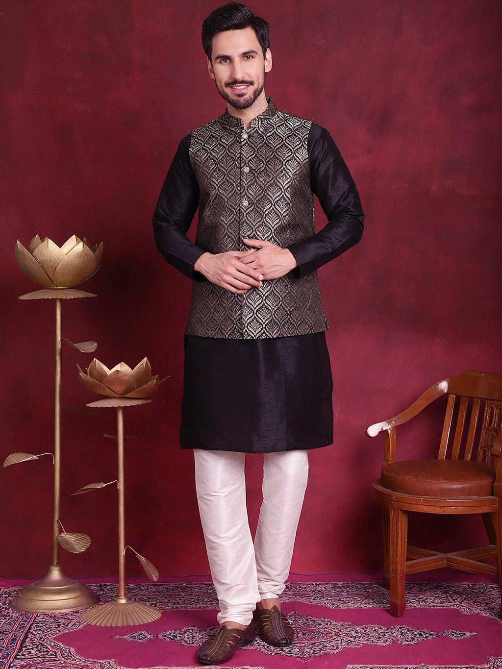 Jompers Men's Woven Design Nehru Jacket - Golden