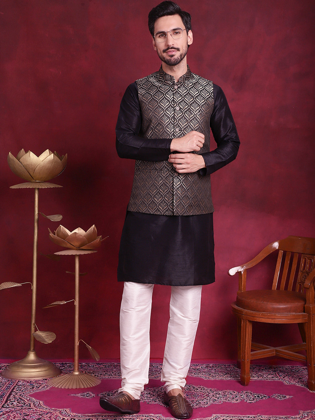 Jompers Men's Woven Design Nehru Jacket - Golden
