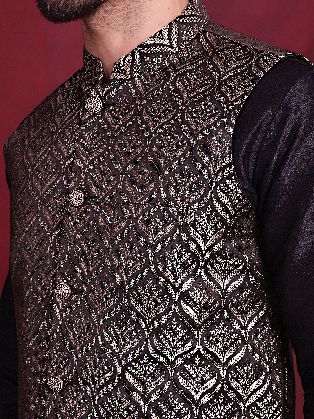 Jompers Men's Woven Design Nehru Jacket - Golden