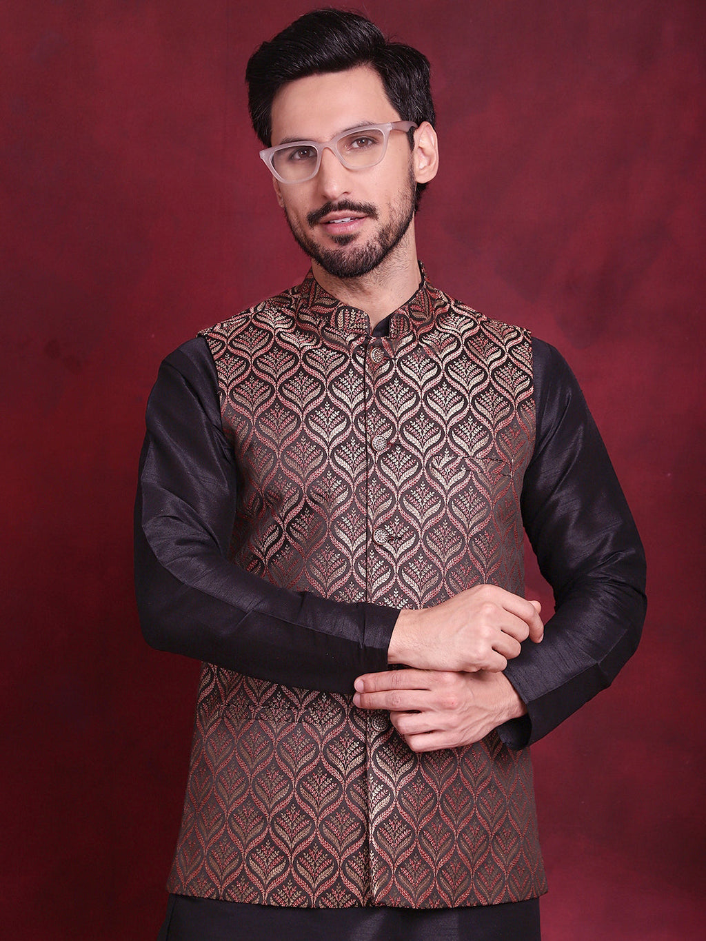 Jompers Men's Woven Design Nehru Jacket - Maroon