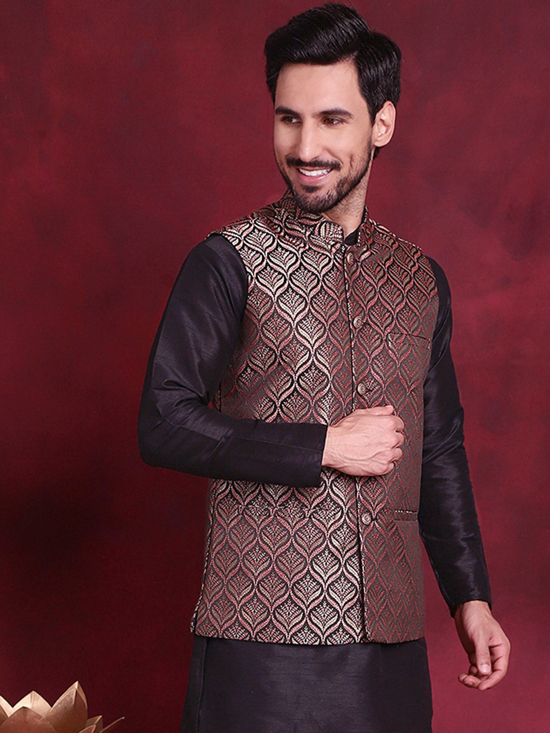 Jompers Men's Woven Design Nehru Jacket - Maroon