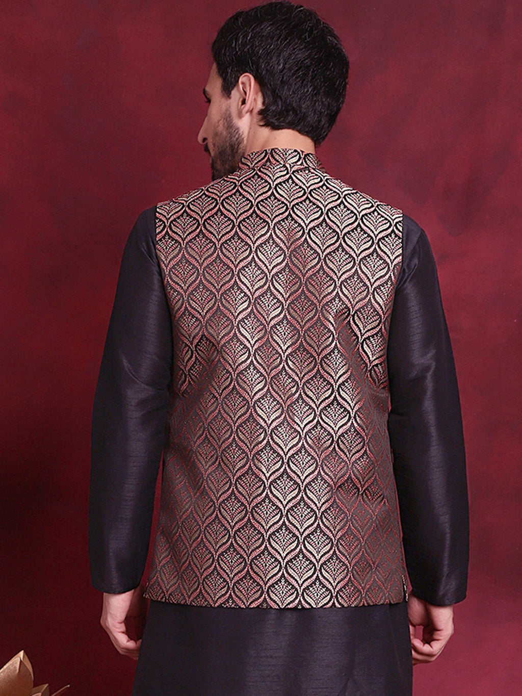 Jompers Men's Woven Design Nehru Jacket - Maroon
