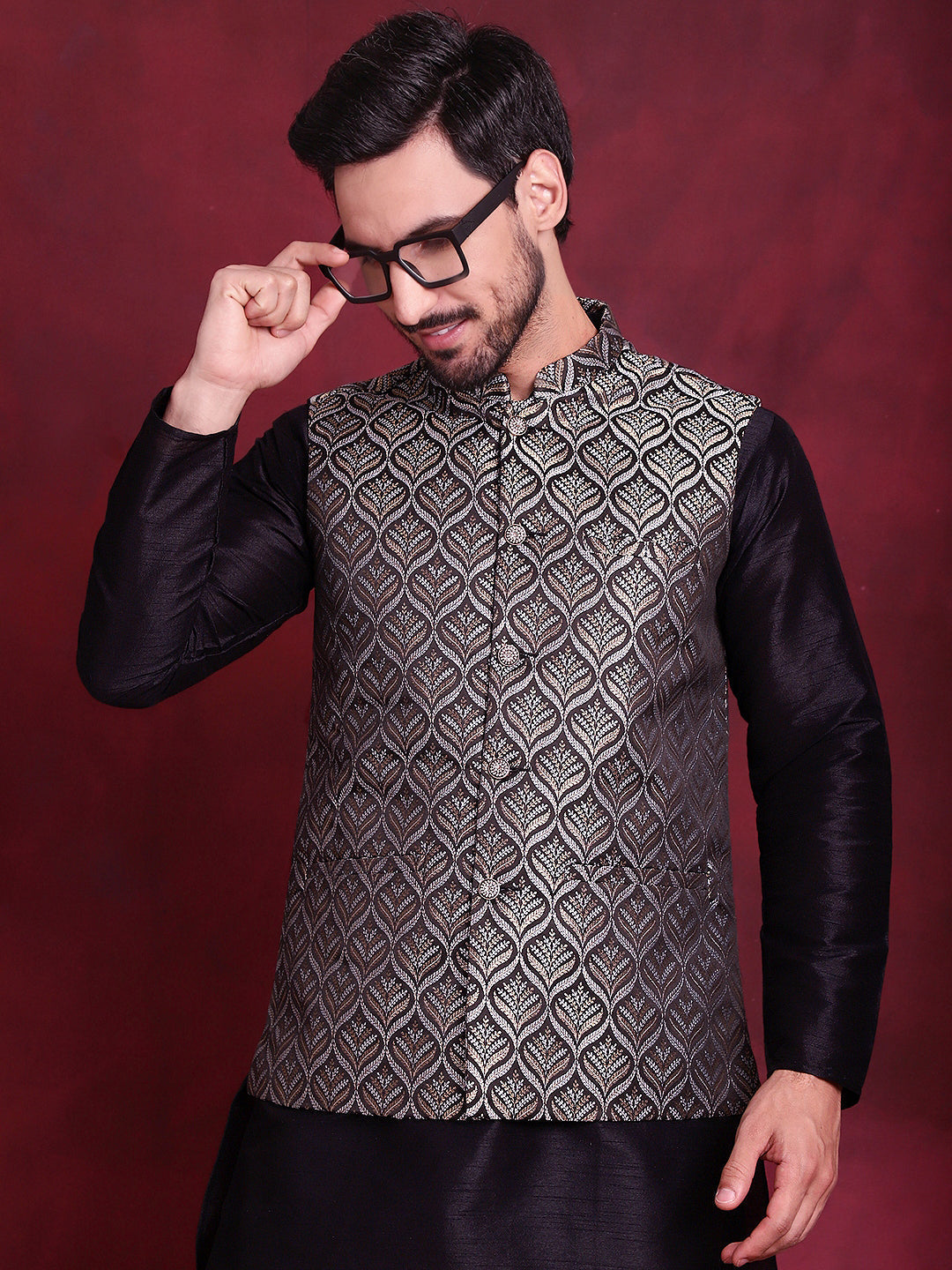 Jompers Men's Woven Design Nehru Jacket - Silver