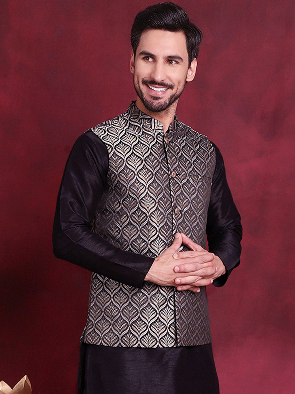 Jompers Men's Woven Design Nehru Jacket - Silver