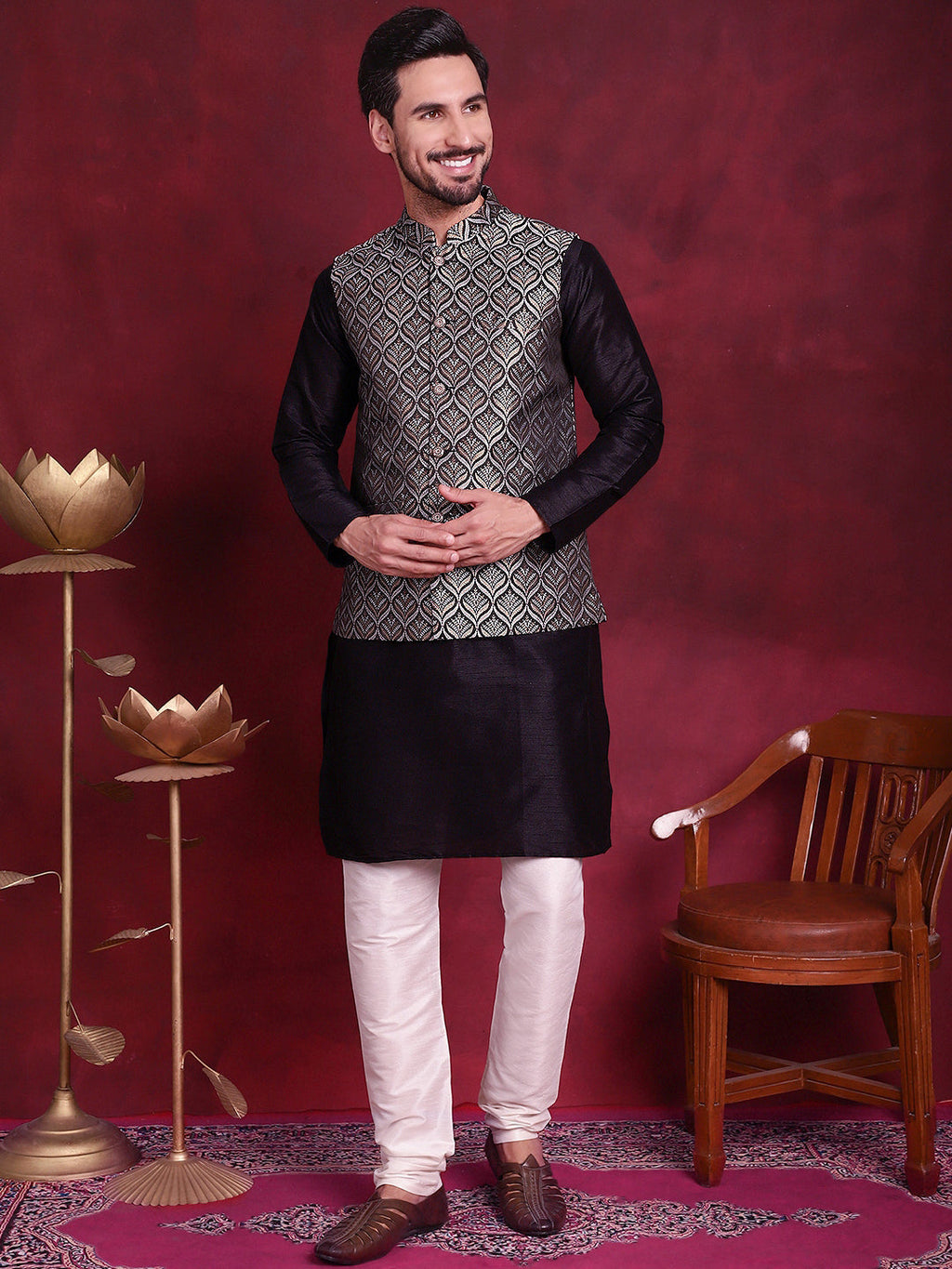 Jompers Men's Woven Design Nehru Jacket - Silver