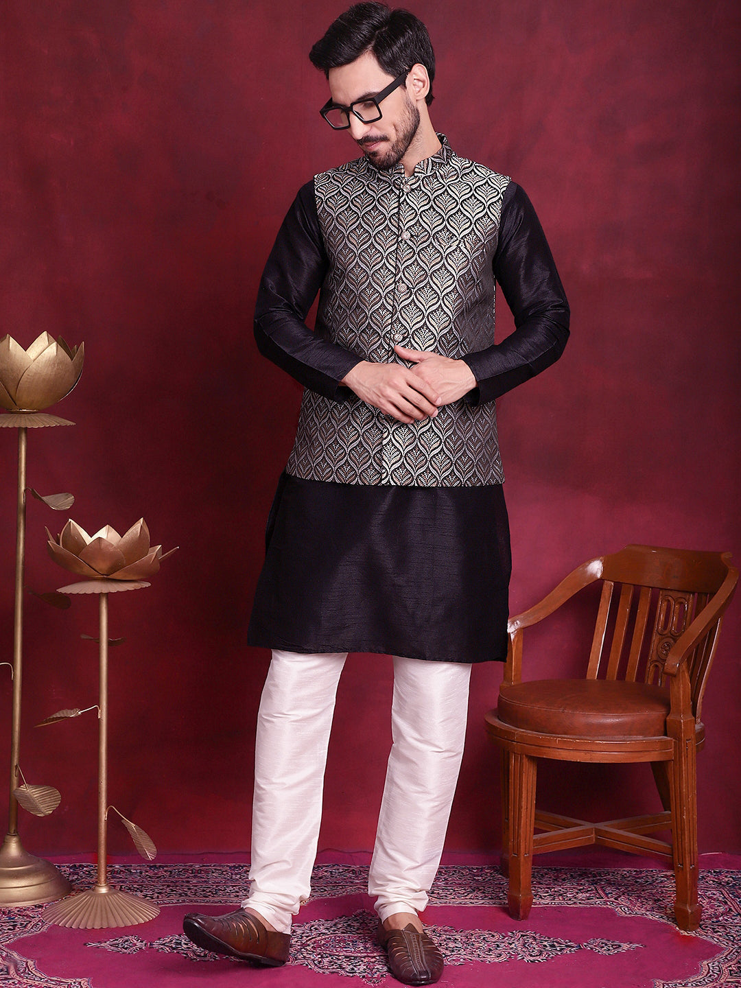 Jompers Men's Woven Design Nehru Jacket - Silver