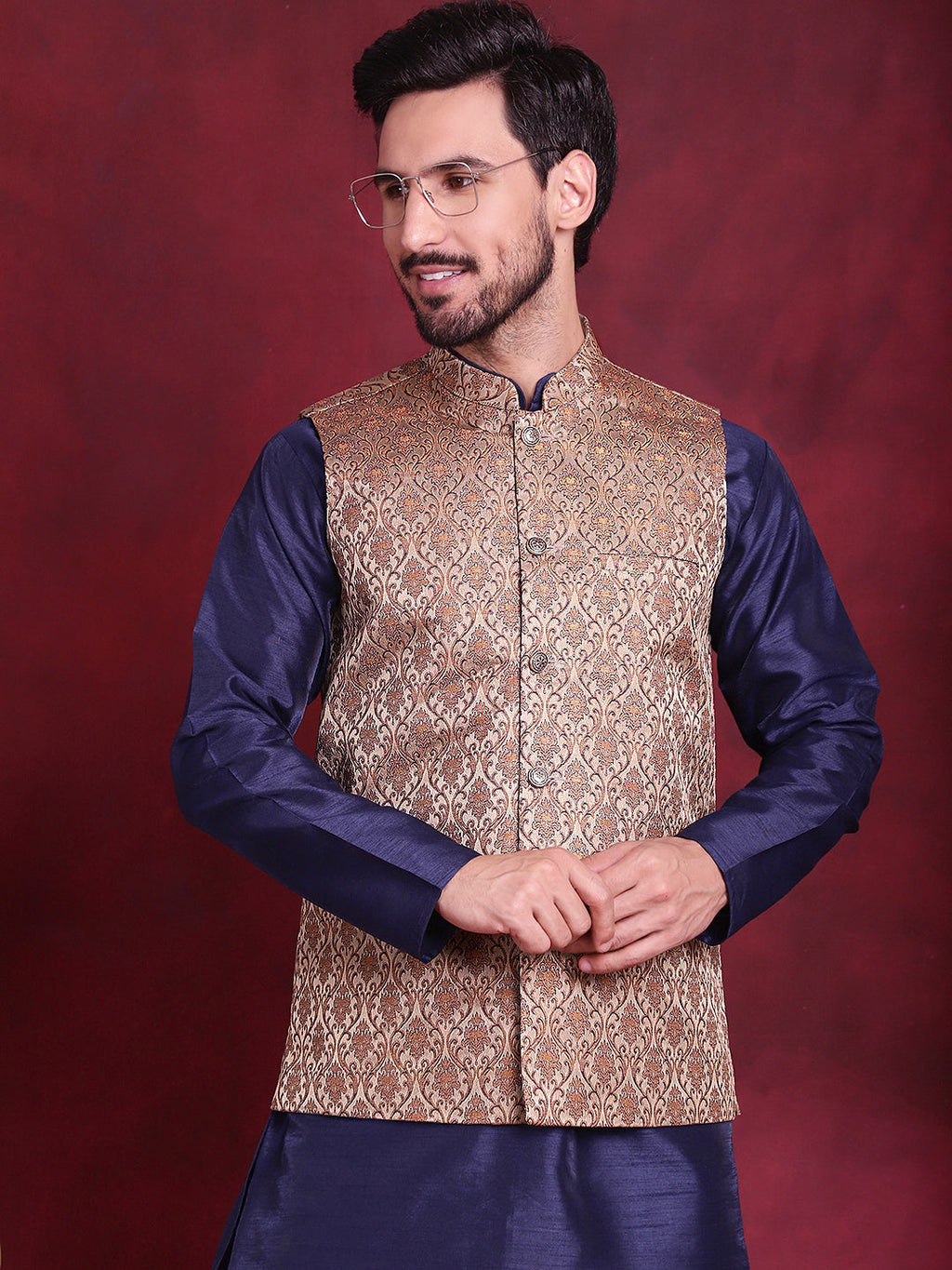 Jompers Men's Woven Design Nehru Jacket - Brown