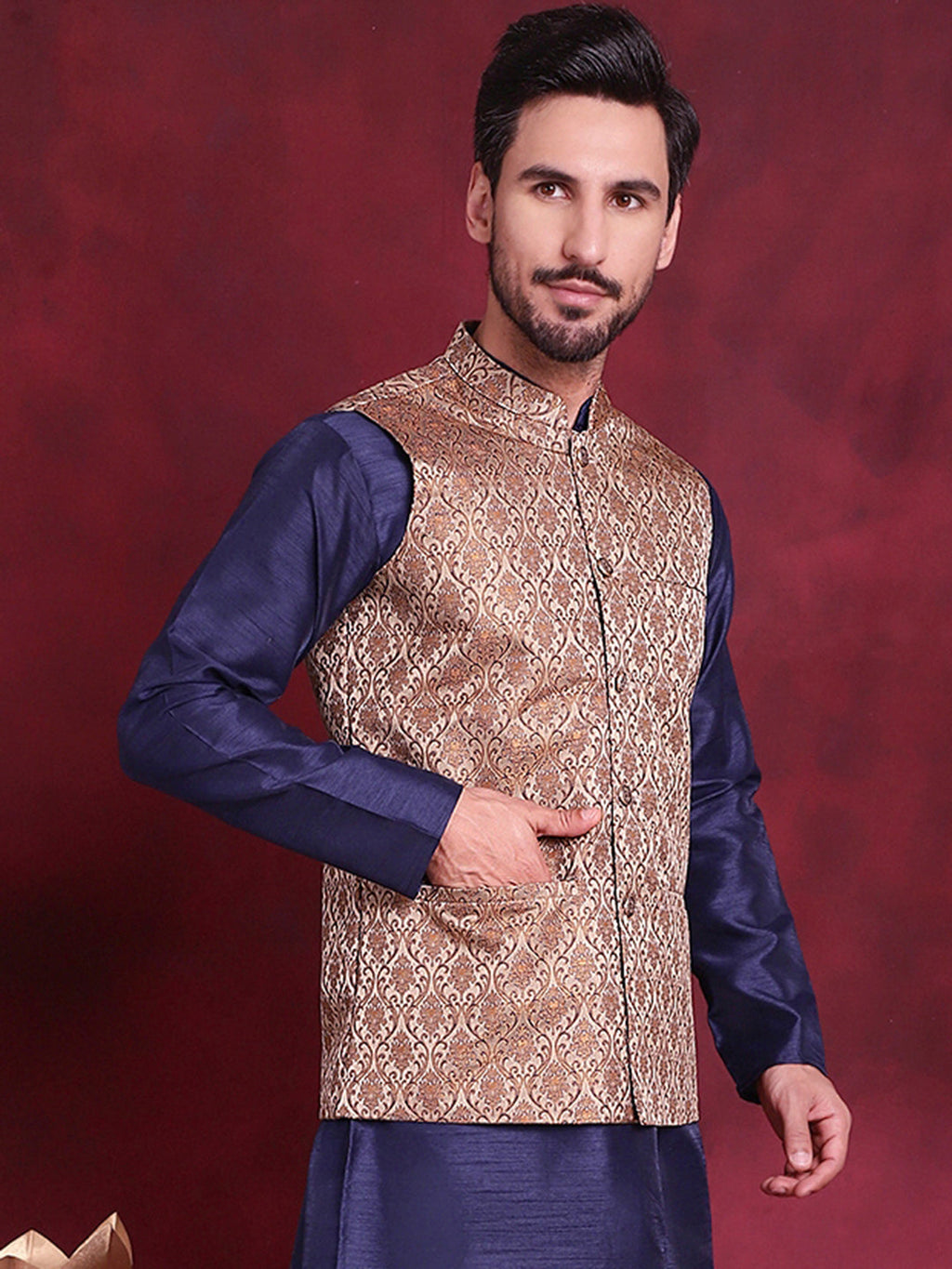 Jompers Men's Woven Design Nehru Jacket - Brown