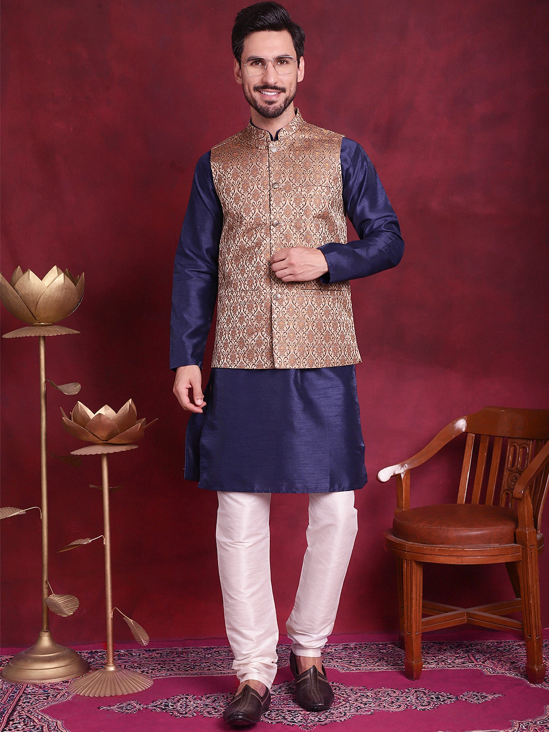 Jompers Men's Woven Design Nehru Jacket - Brown