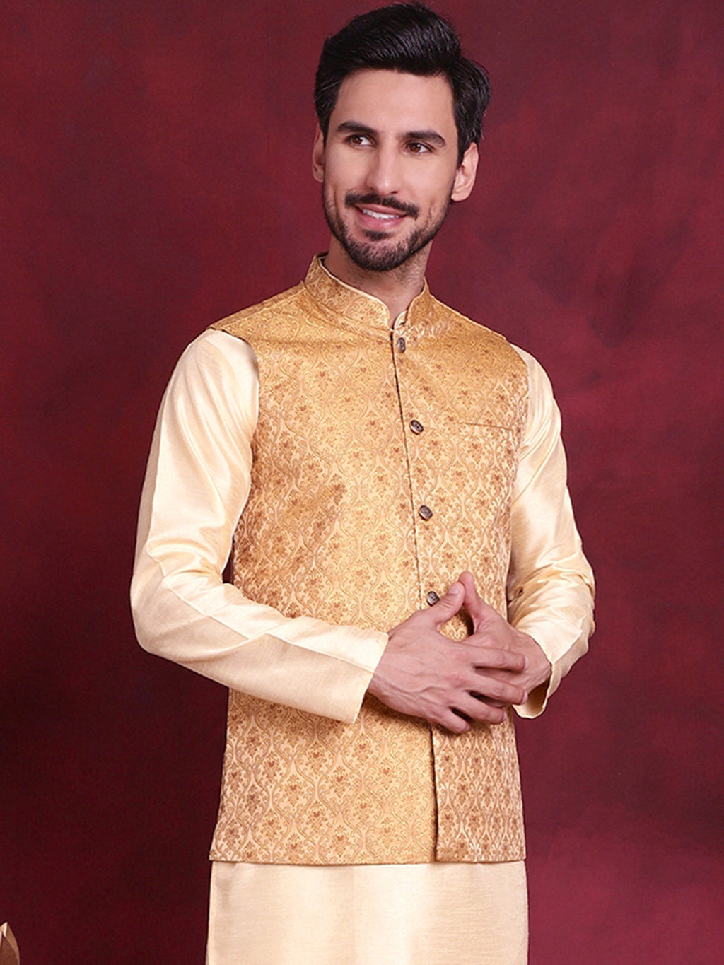Jompers Men's Woven Design Nehru Jacket - Mustard