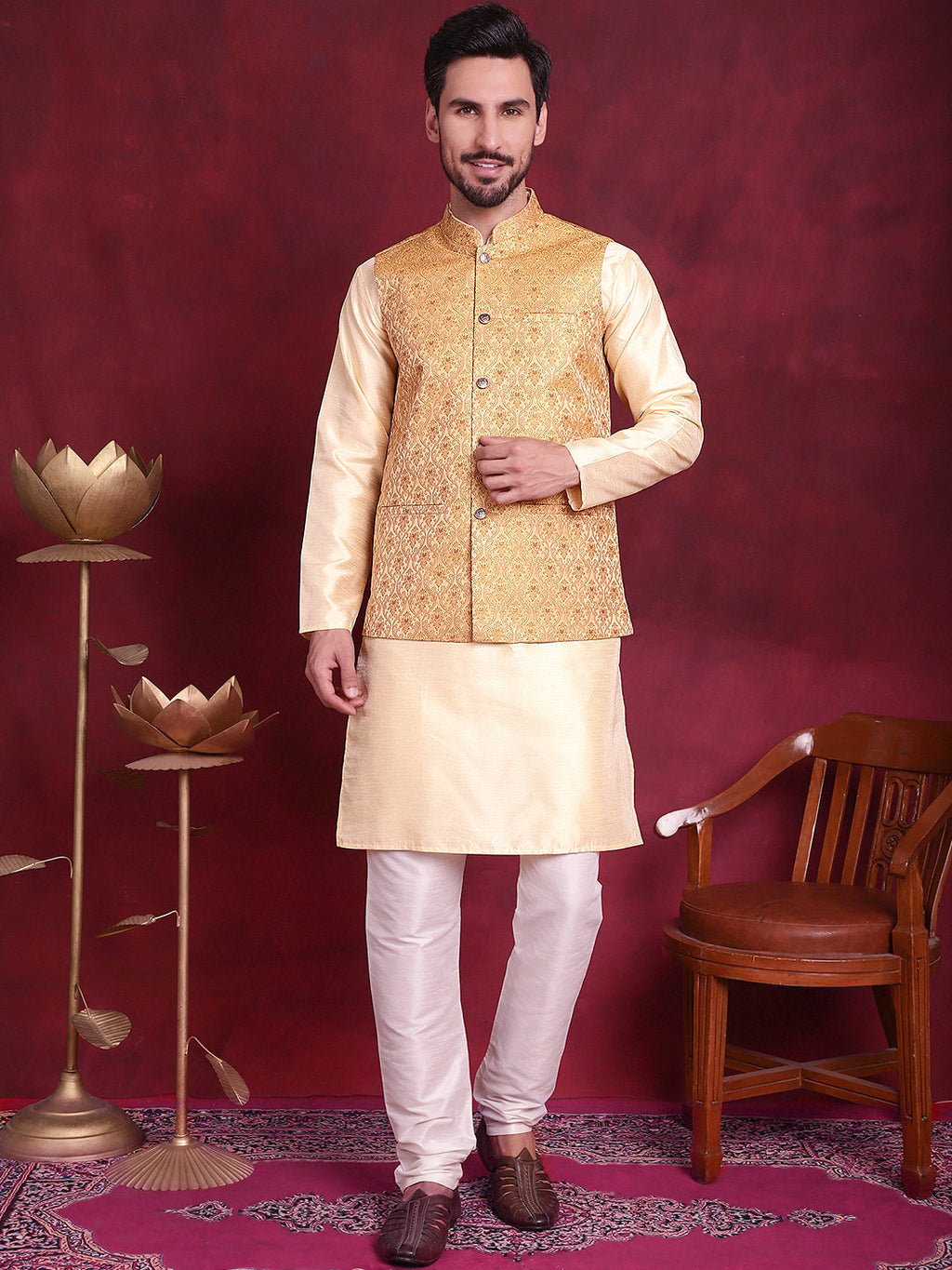 Jompers Men's Woven Design Nehru Jacket - Mustard