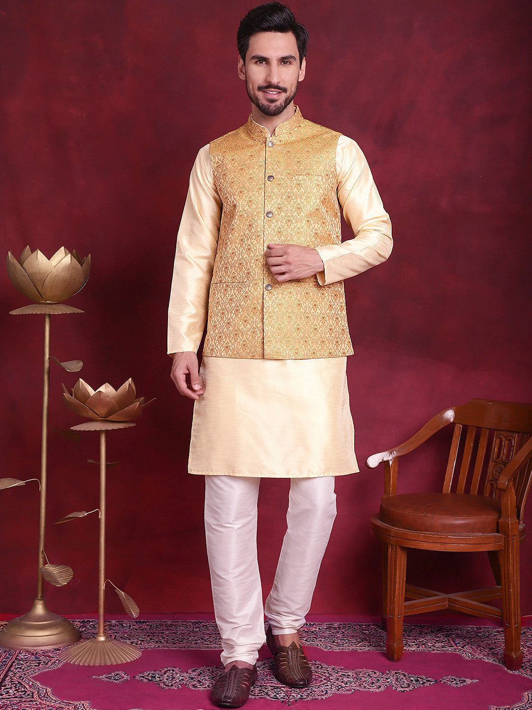 Jompers Men's Woven Design Nehru Jacket - Mustard