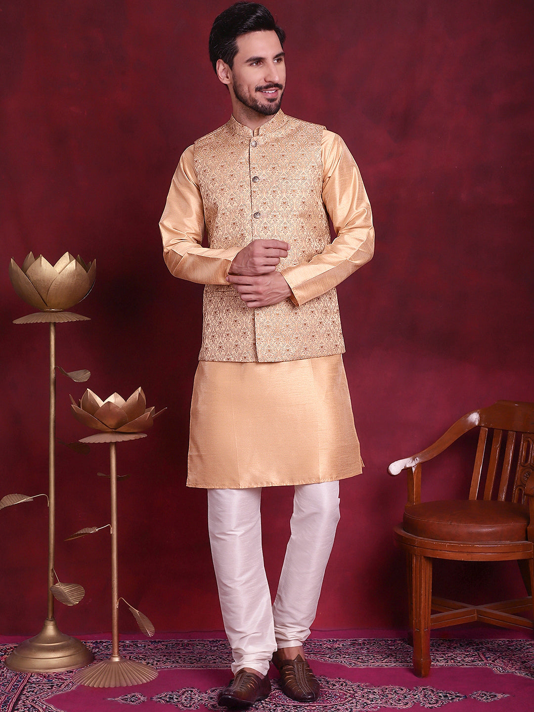 Jompers Men's Woven Design Nehru Jacket - Cream