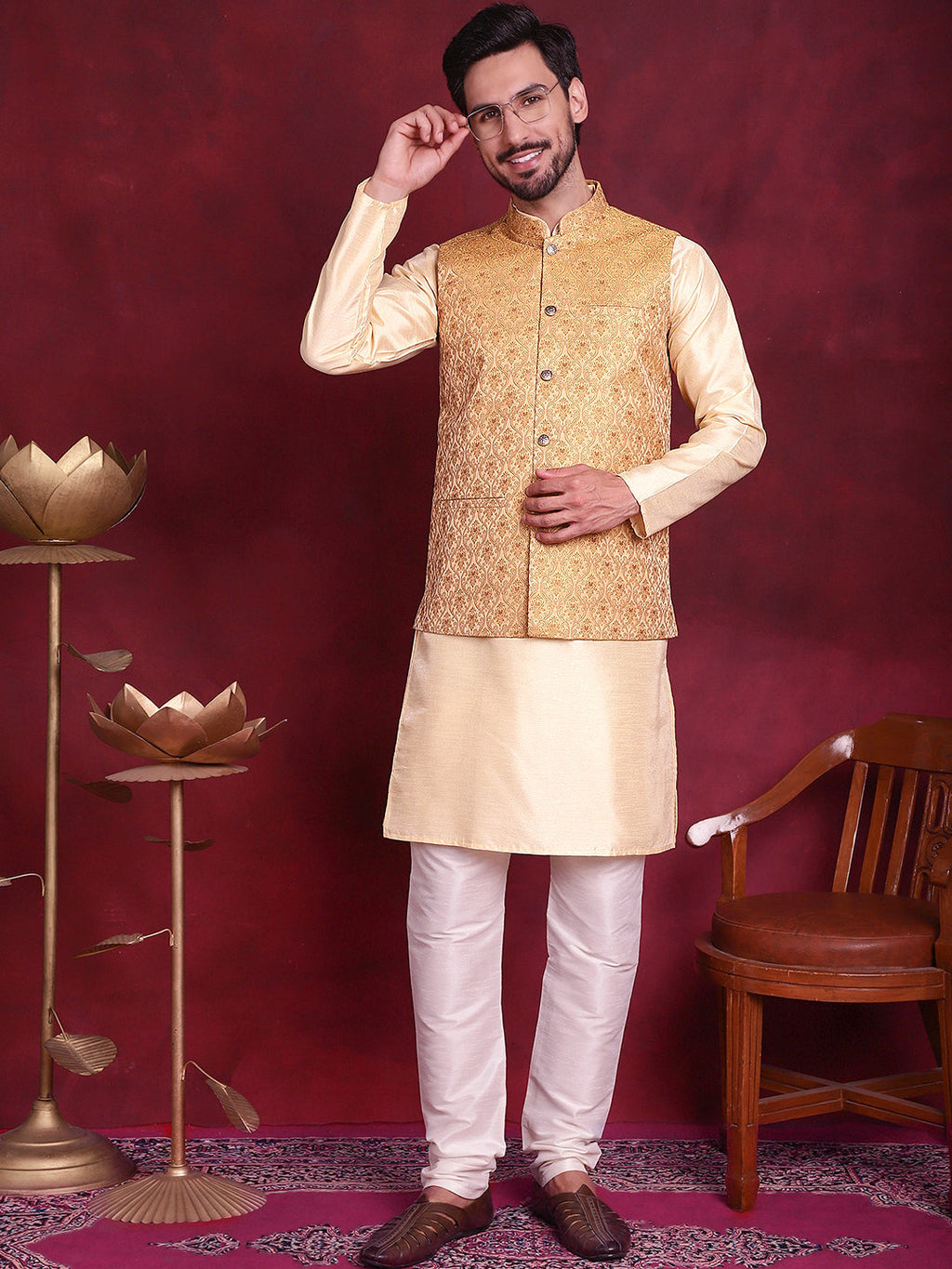 Jompers Men's Woven Design Nehru Jacket - Mustard