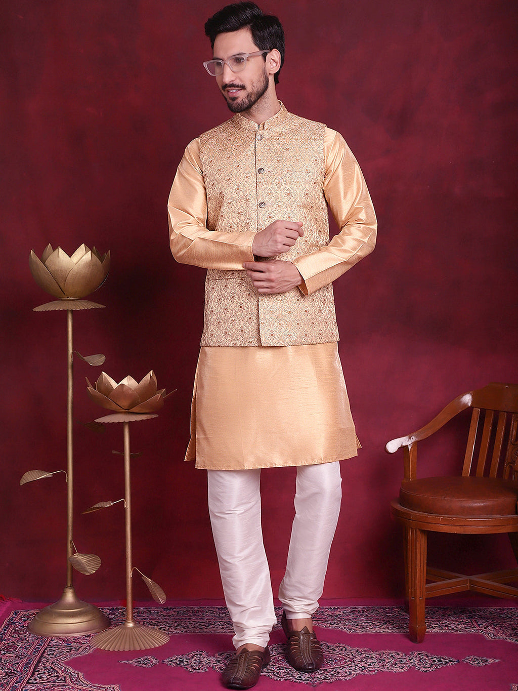 Jompers Men's Woven Design Nehru Jacket - Cream