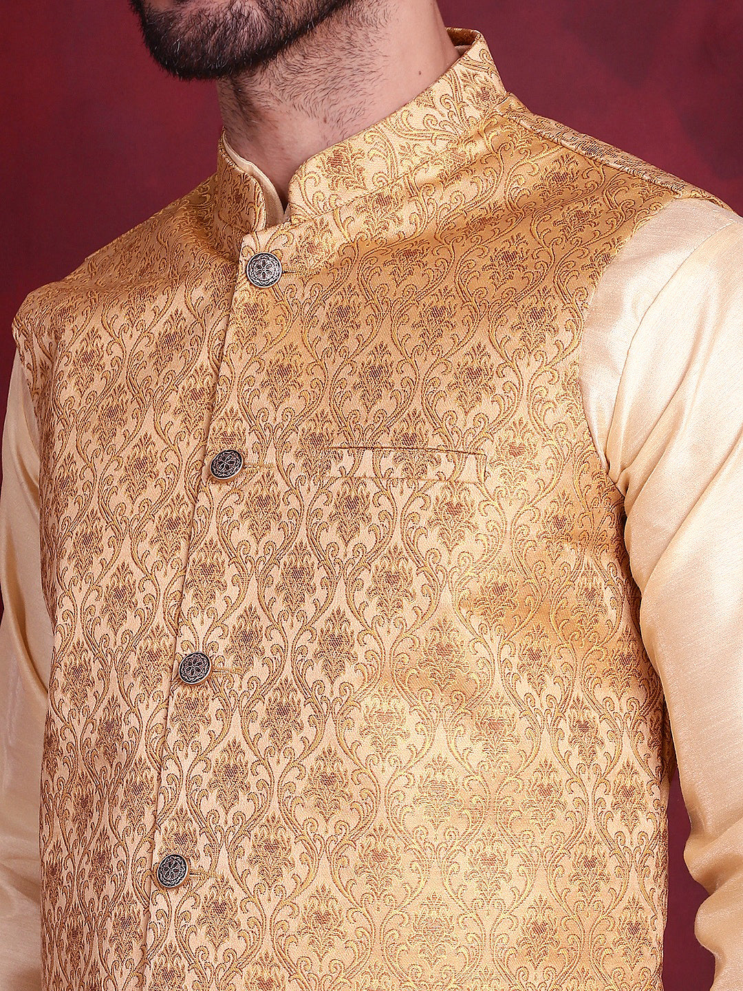 Jompers Men's Woven Design Nehru Jacket - Mustard