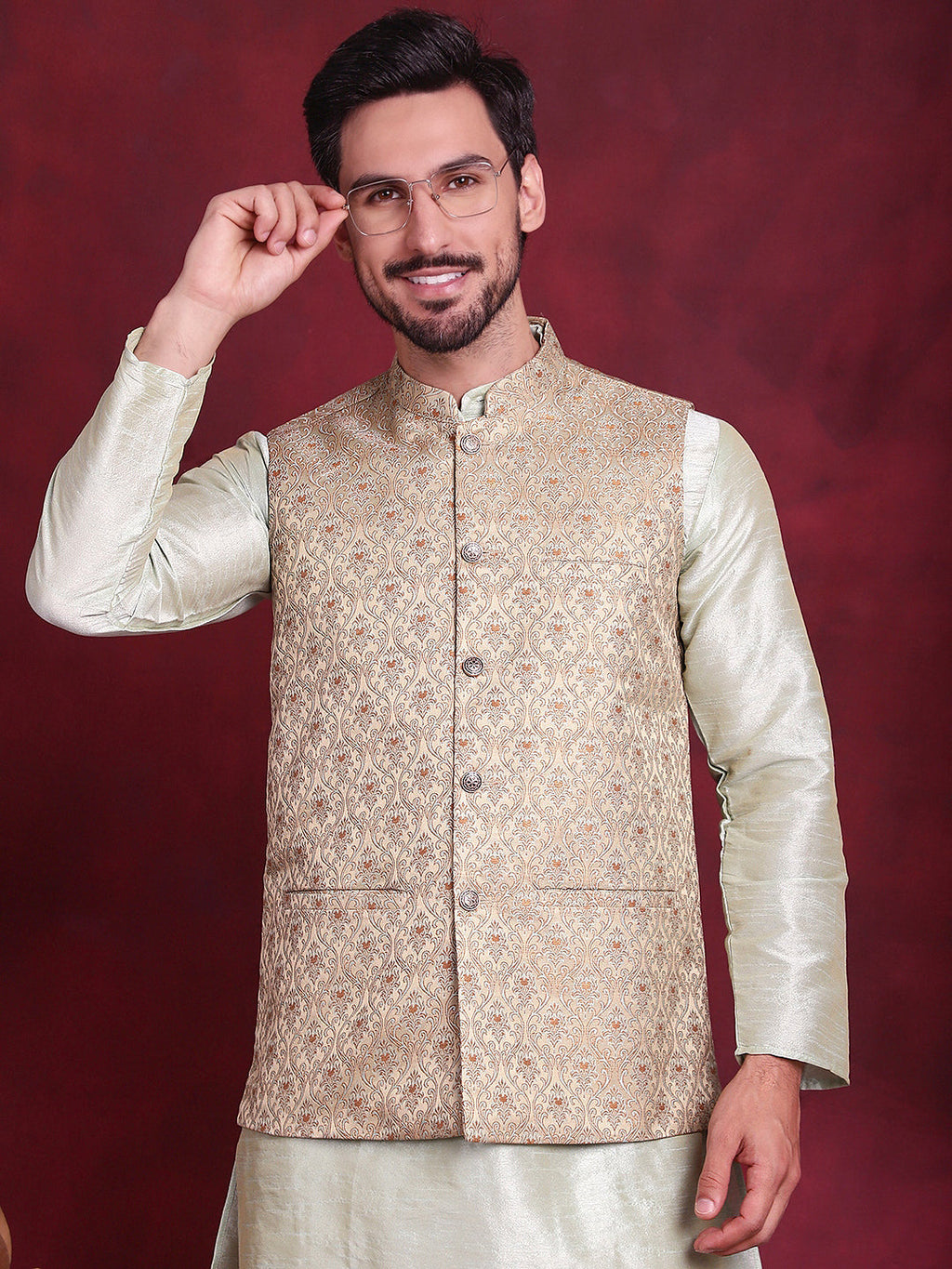 Jompers Men's Woven Design Nehru Jacket - Golden