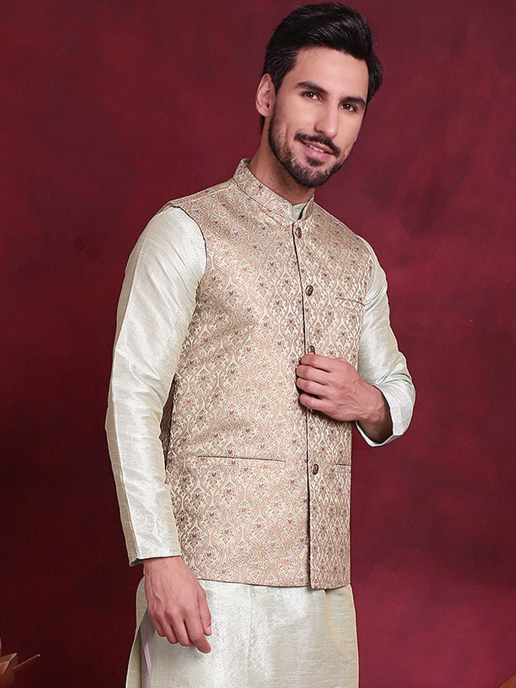 Jompers Men's Woven Design Nehru Jacket - Golden
