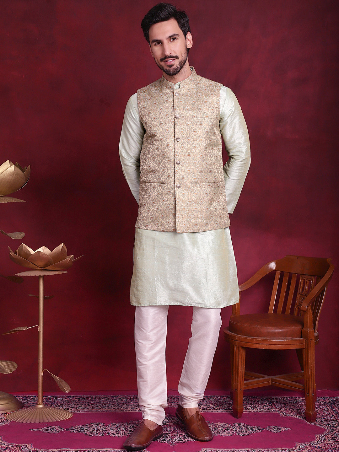 Jompers Men's Woven Design Nehru Jacket - Golden
