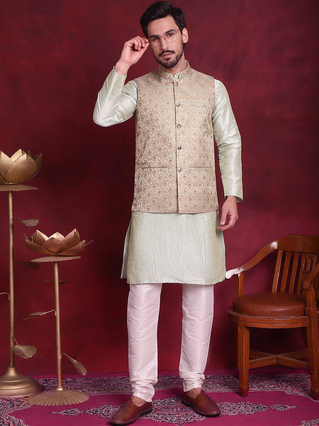 Jompers Men's Woven Design Nehru Jacket - Golden