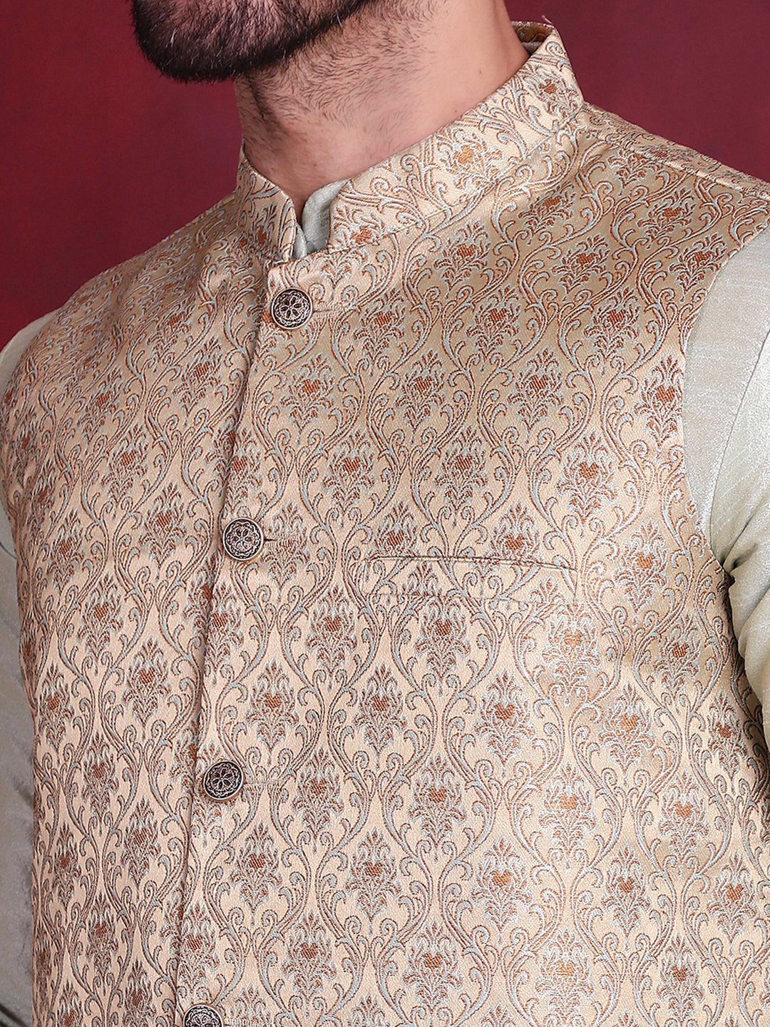 Jompers Men's Woven Design Nehru Jacket - Golden