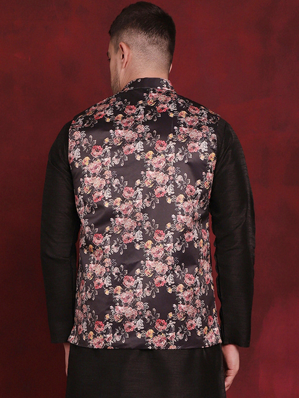 Jompers Men's Floral Printed Nehru Jacket - Black