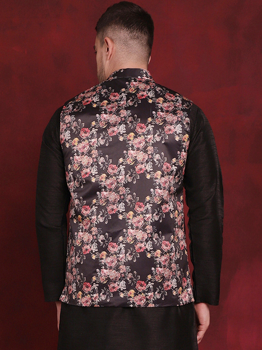 Jompers Men's Floral Printed Nehru Jacket - Black