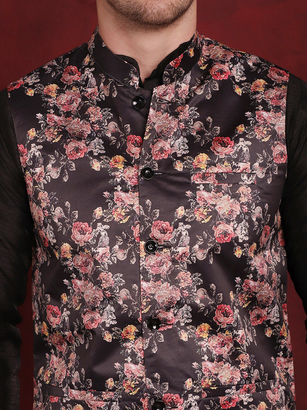 Jompers Men's Floral Printed Nehru Jacket - Black