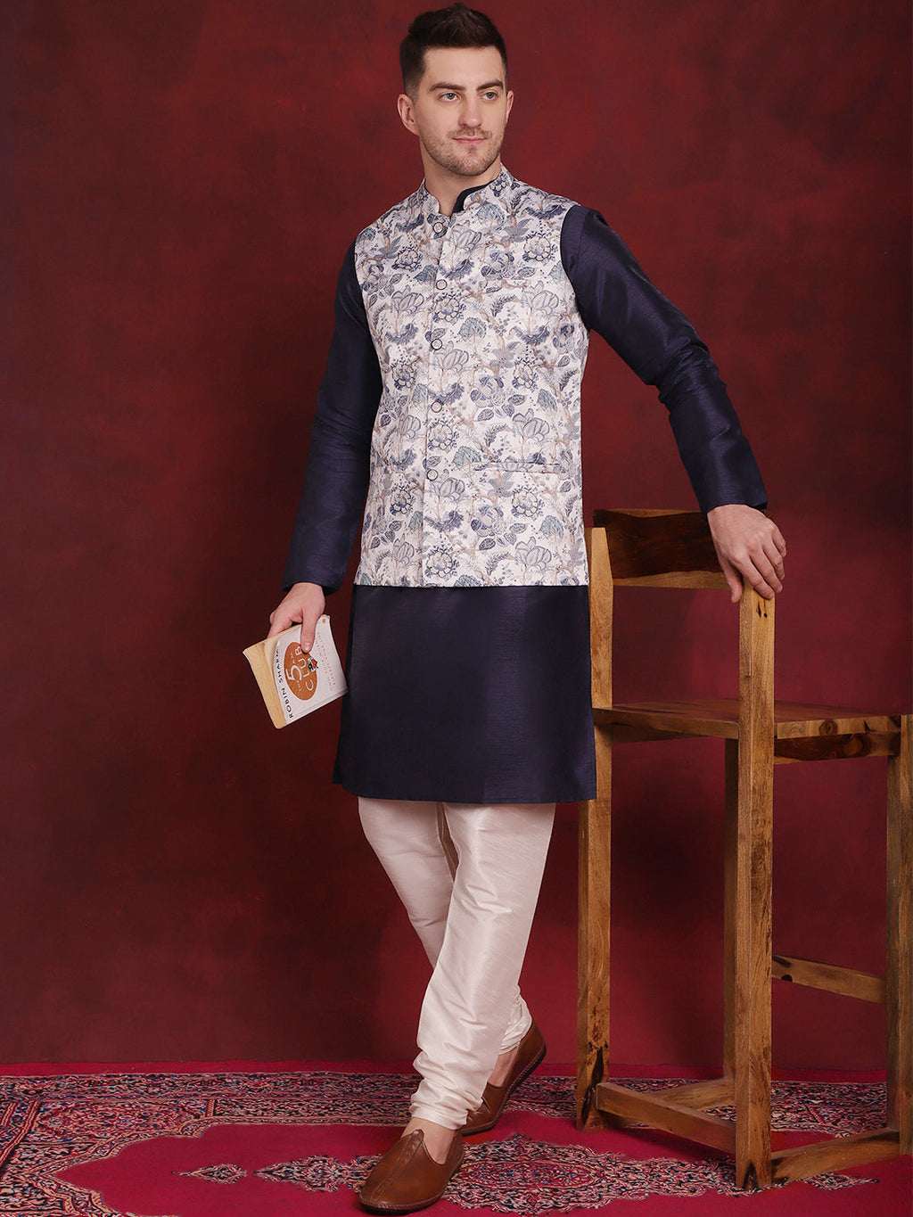 Jompers Men's Floral Printed Nehru Jacket - White