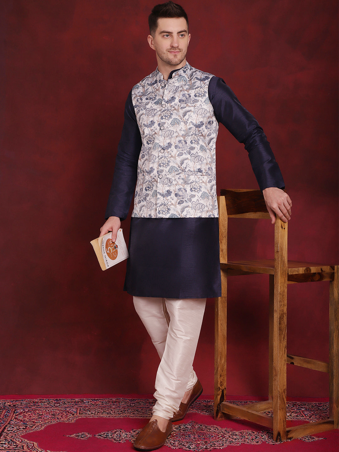 Jompers Men's Floral Printed Nehru Jacket - White