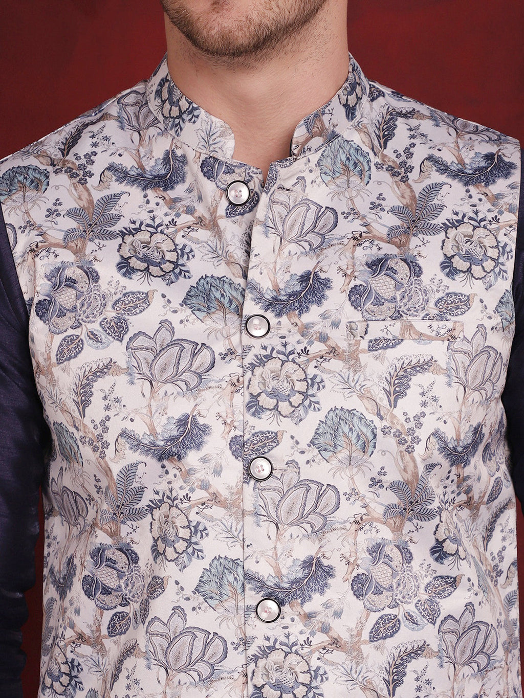 Jompers Men's Floral Printed Nehru Jacket - White
