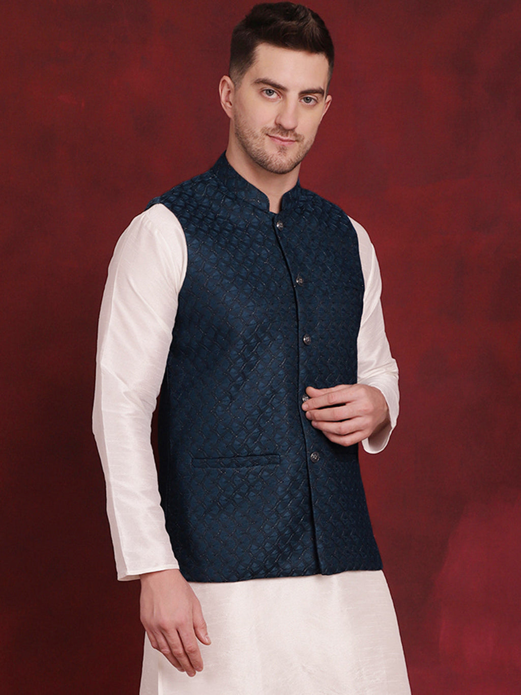 Jompers Men's Blue Woven Design Nehru Jacket