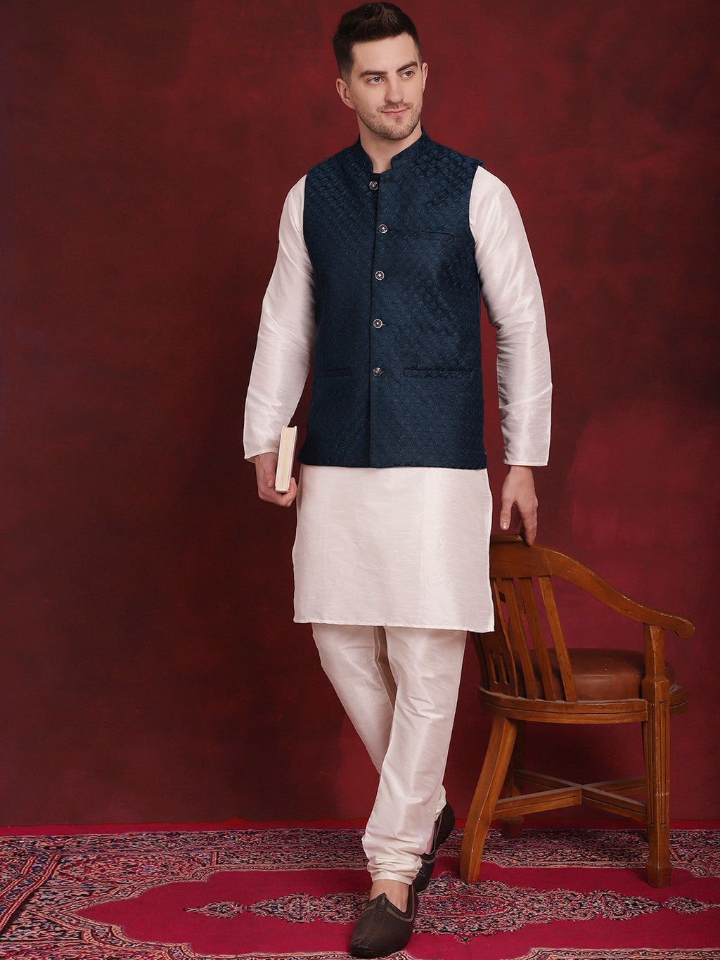 Jompers Men's Blue Woven Design Nehru Jacket
