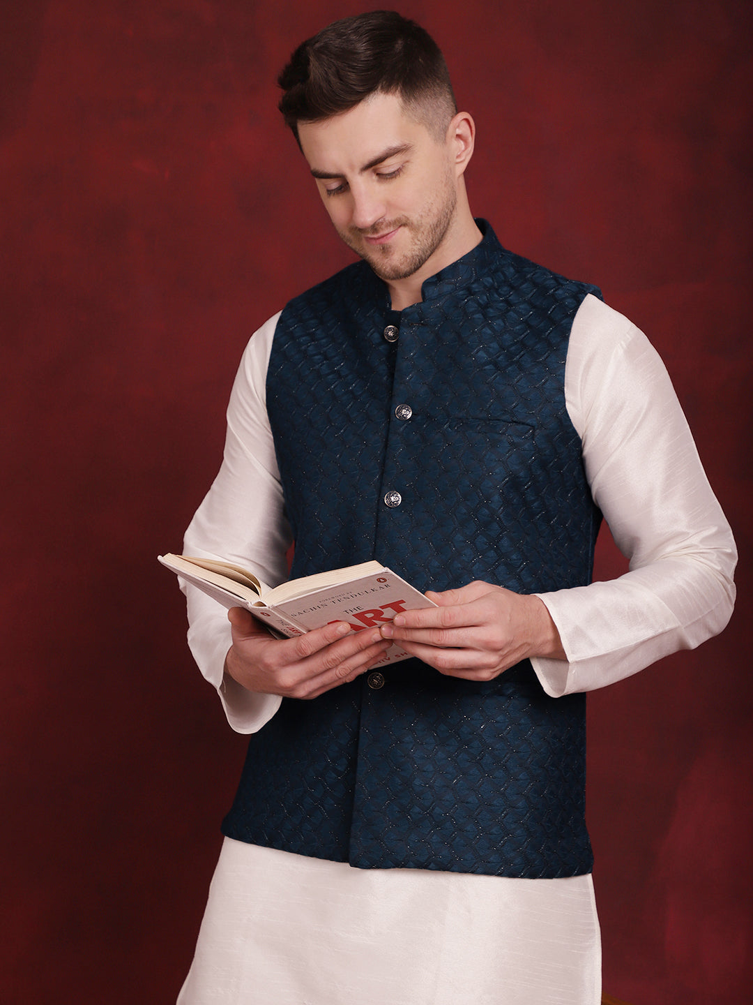 Jompers Men's Blue Woven Design Nehru Jacket